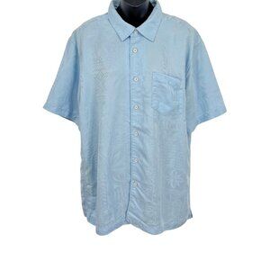 Quiksilver Waterman Large Men Blue Short Sleeve Shirt Button Hawaiian Tribal EUC